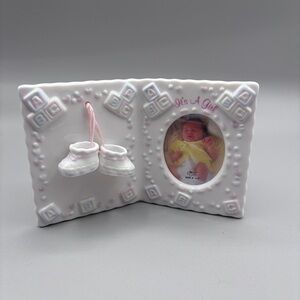VNTG Its A Girl Baby Picture Frame 2x3 ABC Booties Porcelain Style Nursery Decor